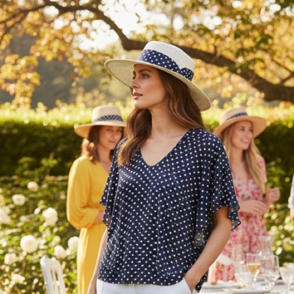 Adele & May Retro Chic Polka Dot Chiffon Flirty Blouse Dolman‎ Sleeve Navy/White